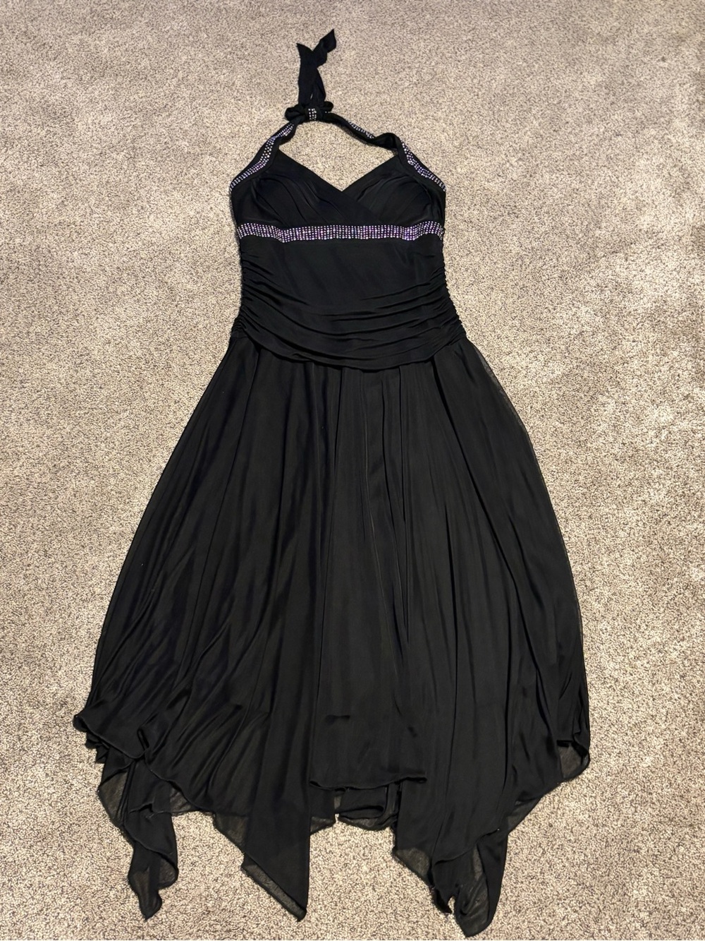 dressbarn Black Halter Handkerchief Hem Evening Dress with Rhinestone Band